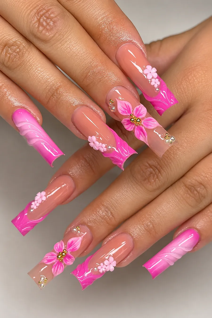 Pink 3D flower nail design