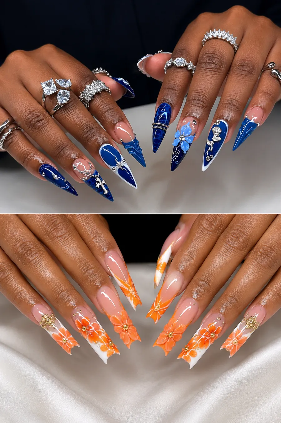 Blue and orange nail design sets